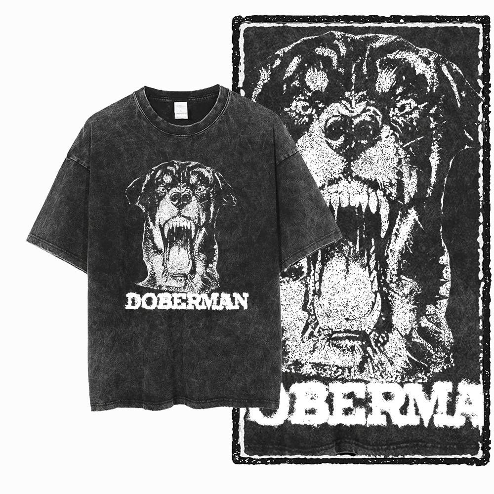 DoberUnisex Dog Vintage Graphic Printed Washed Distressed Big Size Black Cotton Unisexs Retro TShirt G