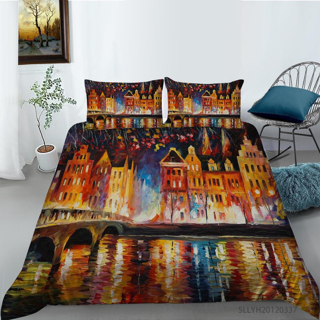 Creative Oil Painting Series Digital Printing Quilt Cover Pillowcase Two or Three-piece Set Polyester Source Factory