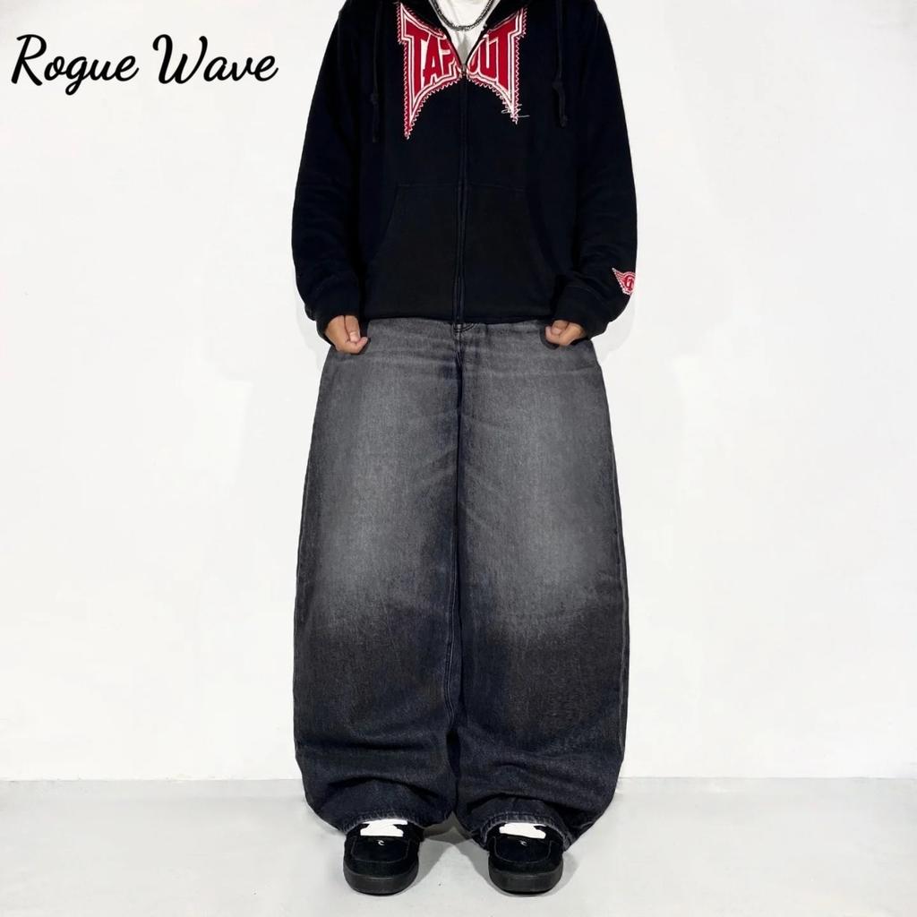 RogueWave American Y2K New Baggy Wide Leg Black Jeans Overszied Men Street Casual Joker Denim Pants Couple Jeans Retro Streetwear