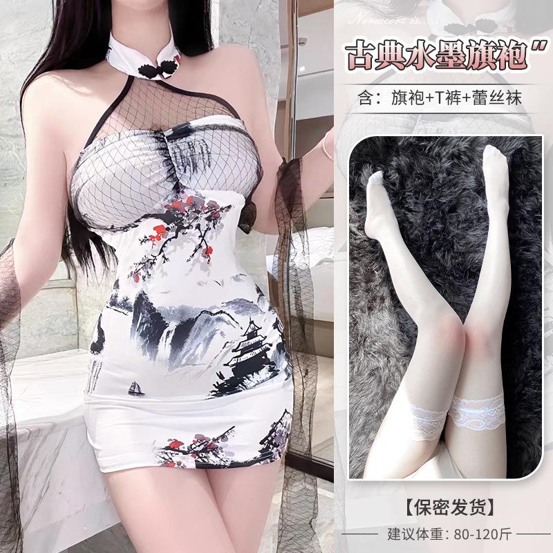 Internet Celebrity Clothing New Improved Printed Cheongsam Sex Underwear Backless Slim Slit Hip Skirt Chinese Style Nightdress