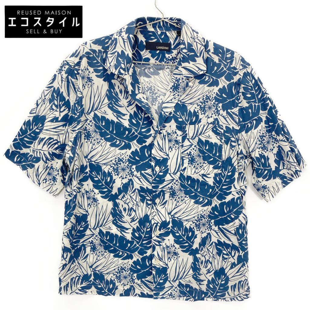 LARDINI Blue Leaf Print Open Collar Shirt Tops S blueUsed