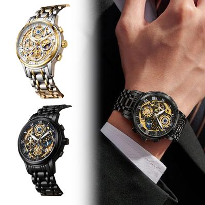 Men's Hollow Luminous Quartz Watch Stainless Steel Band Multifunction Skeleton Dial Date Display Analog Wristwatch