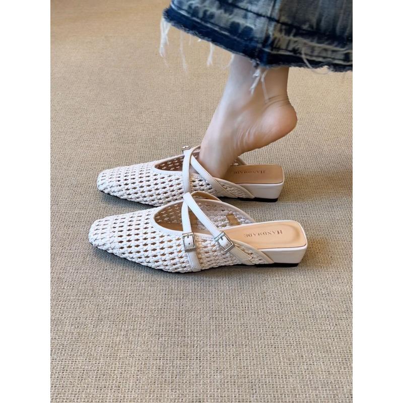 Simple square head woven hollow wedge sandals women's summer versatile outer wear cross buckle bag head slippers women