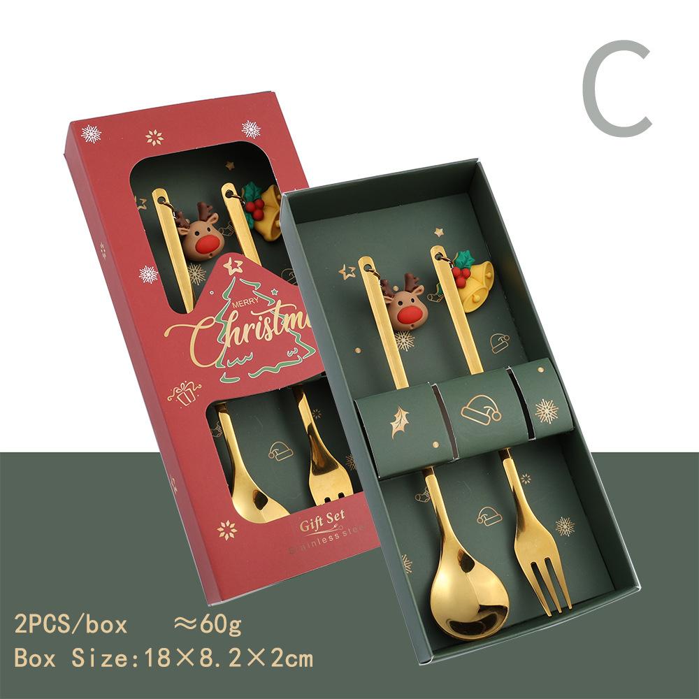 HANYANG juleskjesett julegavebestikk To sett med dessertskjeer og gafler Santa elg dukkeskje