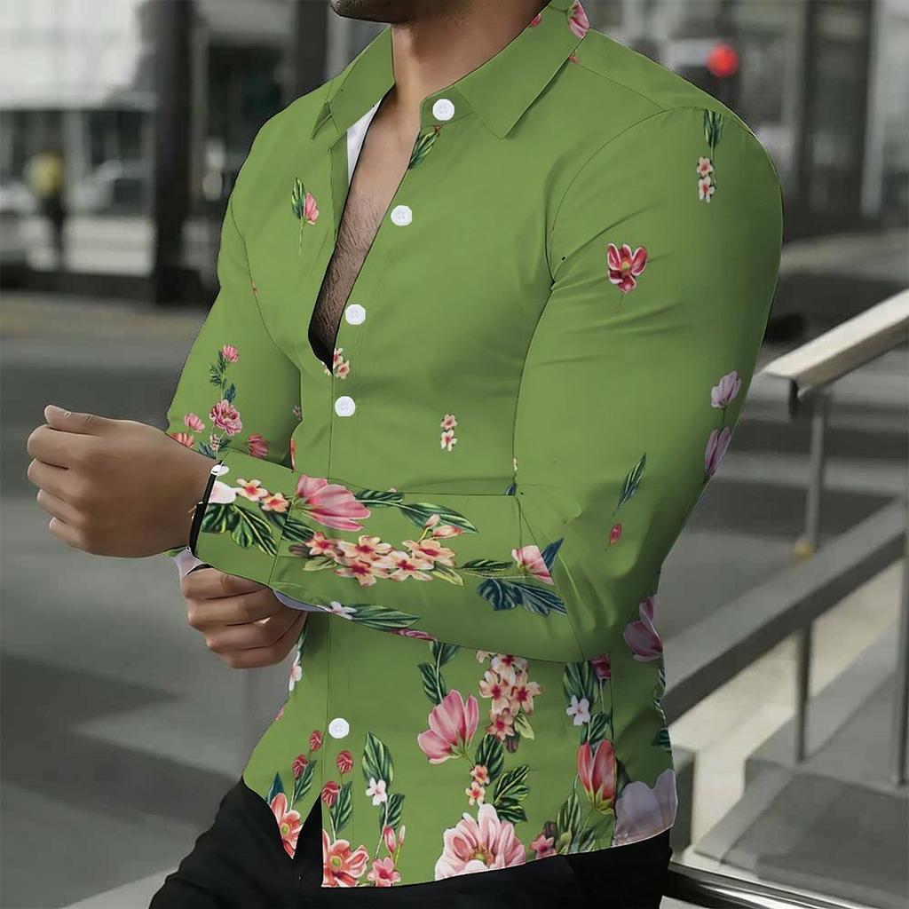 Camisa de Hombre con Cuello Blanco Multicolor Acuarela Hierba Silvestre Estampado Floral Manga Larga Botones Arriba