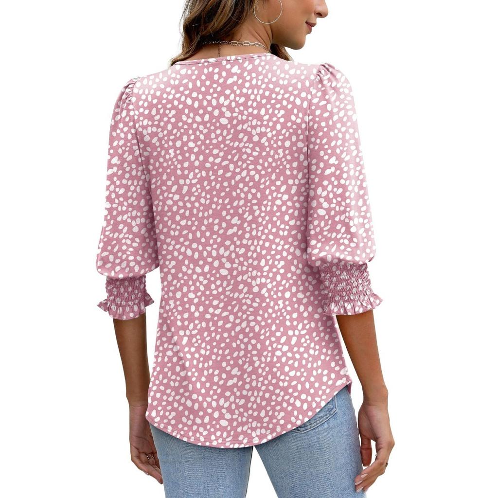 Women's Clothing, Spring, Loose, Casual, Printed, Seven Quarter Sleeves, Round Neck, T-shirt, Top