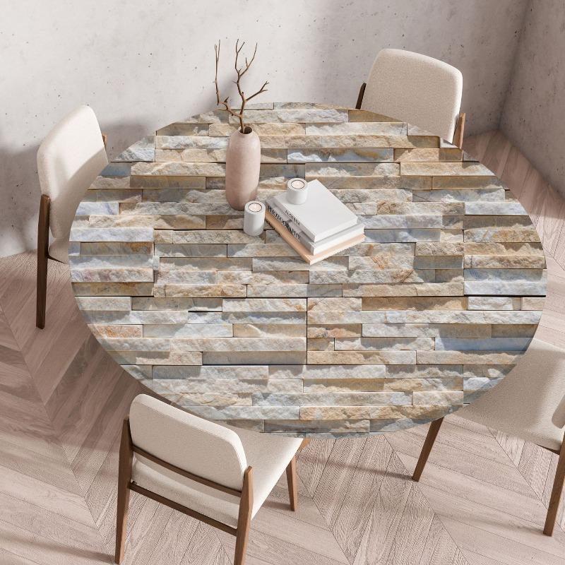 Wooden Patterns Round Table Cover Waterproof Oilproof Stain-Resistant Print Elastic Tablecloth for Kitchen Home Dustproof Decor