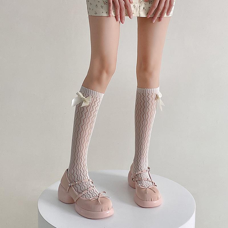 

Женские весенне-летние носки-гольфы с бантом в балетном стиле, ажурные, с бантом из сетки 1 pair бежевый