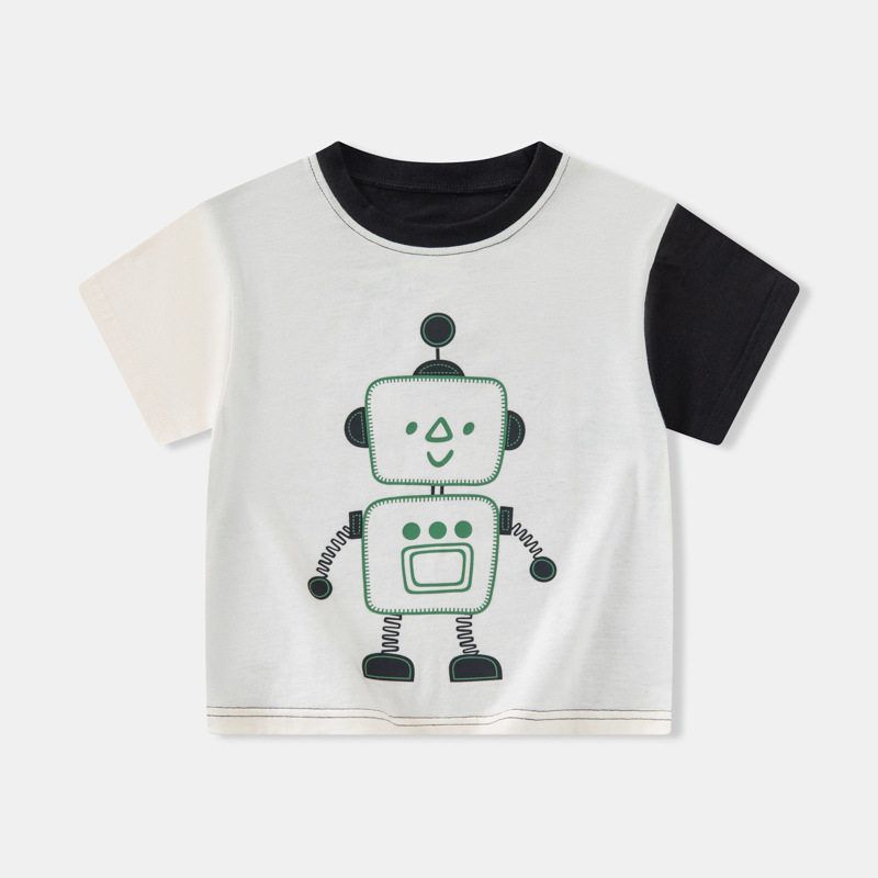 Children s Clothing Summer Korean Style Boys  Short-Sleeved T-Shirt Kids Half-Sleeve Robot Top Boys  Pure Cotton Patchwork Sleeve Clothes Dt8347 Black Sleeves 130