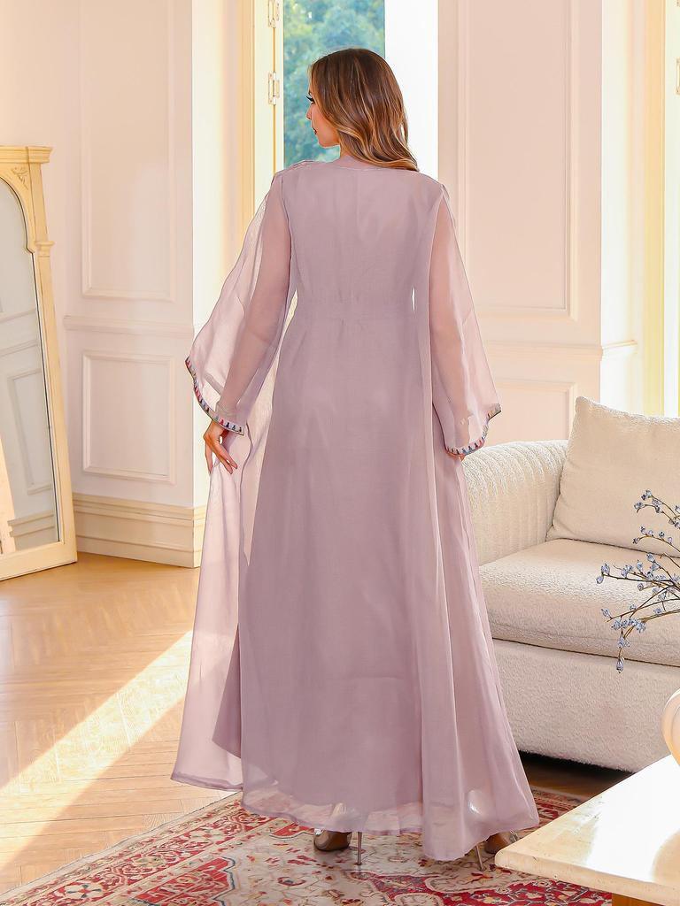 Available: Elegant Embroidered Muslim Two-Piece Mesh Long Dress Abaya for Women