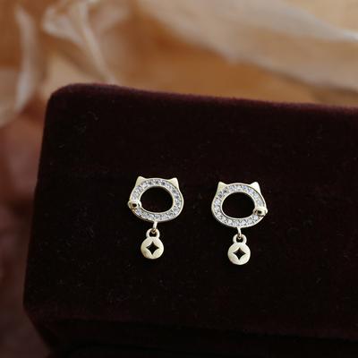 Earrings Studded with Diamonds Copper Coins Lucky Cat Earrings Women's Small Fragrant Creative Earrings Simple and Fashionable Earrings