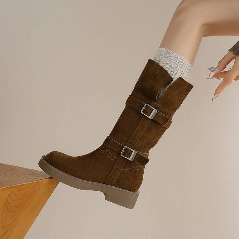 New women's leather boots round head large size women's boots cow anti-velvet square heel round head Martin boots autumn and winter leather medium bo