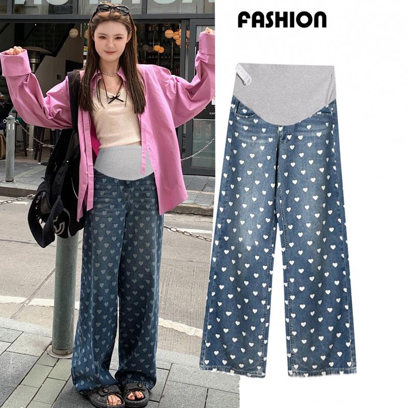 2025 Autumn/Winter Heart Print Maternity Wide-Leg Denim Pants - Loose Fit, Straight-Leg Casual Long Pants L