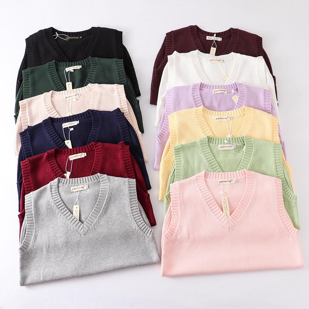 Cotton Knit Vest For Women With Vneck Pure Color Fall Winter College Style Gift