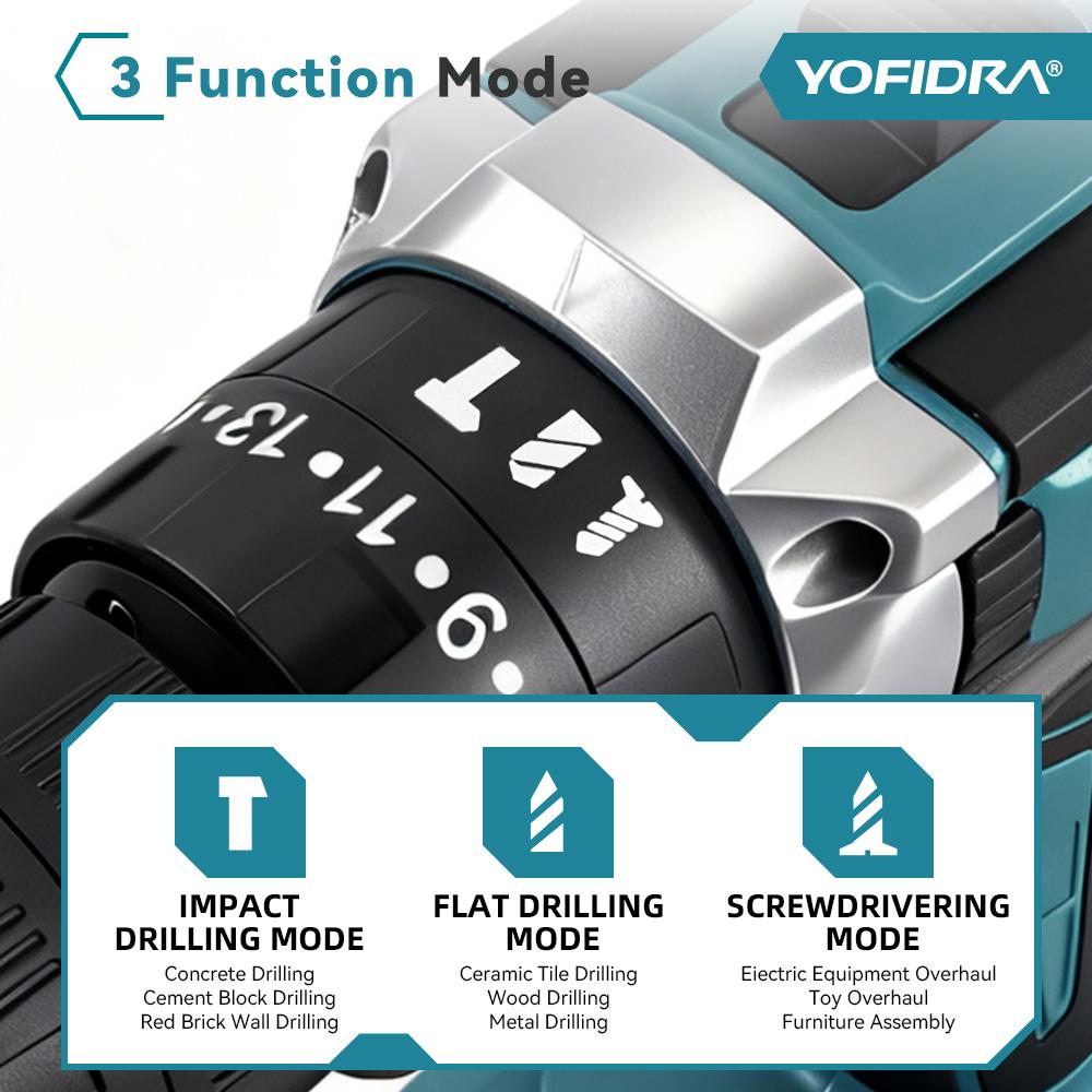 Yofidra 60N.M L 25+3 Torque Electric Impact Dril Cordless Electric Screwdriver With 32/53PCS Tool Kit Power Tool For 21V Battery