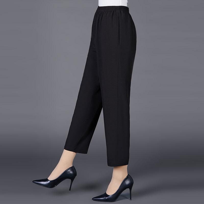 Summer Ice Silk High-Waist Elastic Pants for Middle-Aged and Older Women - Casual, Loose-Fit, Straight, Nine-Point Length