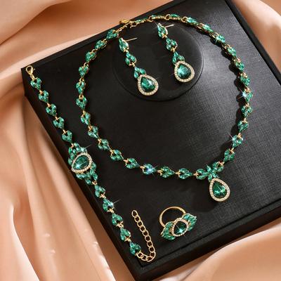 European and American Fashion Green Blue Red Rhinestone Necklace Earrings Bracelet Ring Set Full of Diamonds Four-piece Set 2026