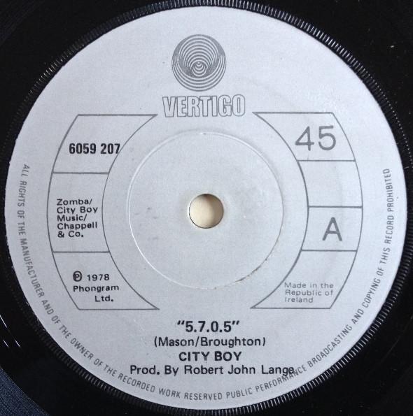 

7inch Record CITY BOY - 5.7.0.5. 6059207 Vertigo 1978 Ireland Rock Used