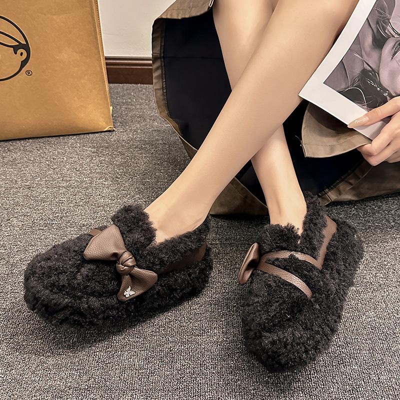 Fashion Women's Thick Flat Shoes Winter New Round Head Deep Mouth Suede Butterfly Knot Anti-slip Wear-resistant Cotton Shoes
