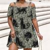 Women Plus Size Cold Shoulder Chain Straps Short Sleeve Smiley Face Printed Pink Loose Dress