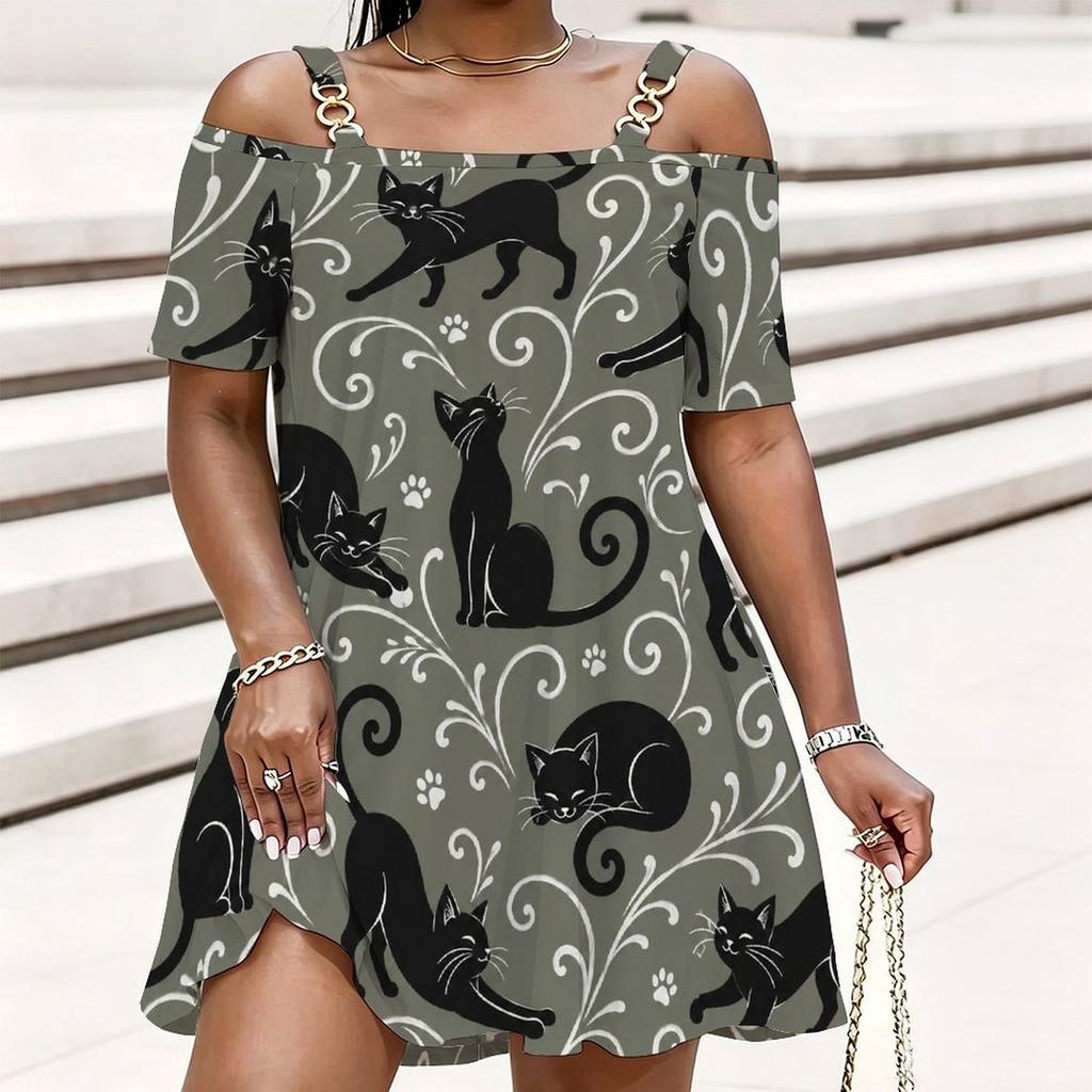 Women Plus Size Cold Shoulder Chain Straps Short Sleeve Smiley Face Printed Pink Loose Dress