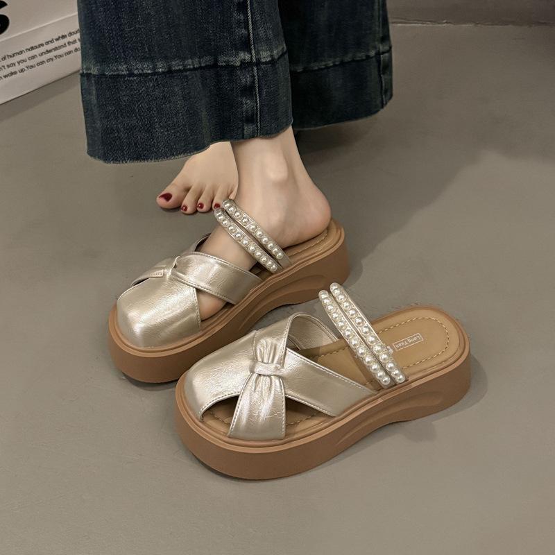 Fashion platform slippers fairy wind pearl bag head cool summer retro beach shoes soft sole bow Roman sandals