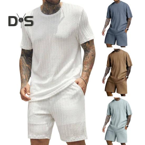 2Pcs/Set Men Sports Suit O-Neck Short Sleeve T-shirt Elastic Waist Wide Leg Shorts with Pockets Set Jacquard Texture Running Wear
