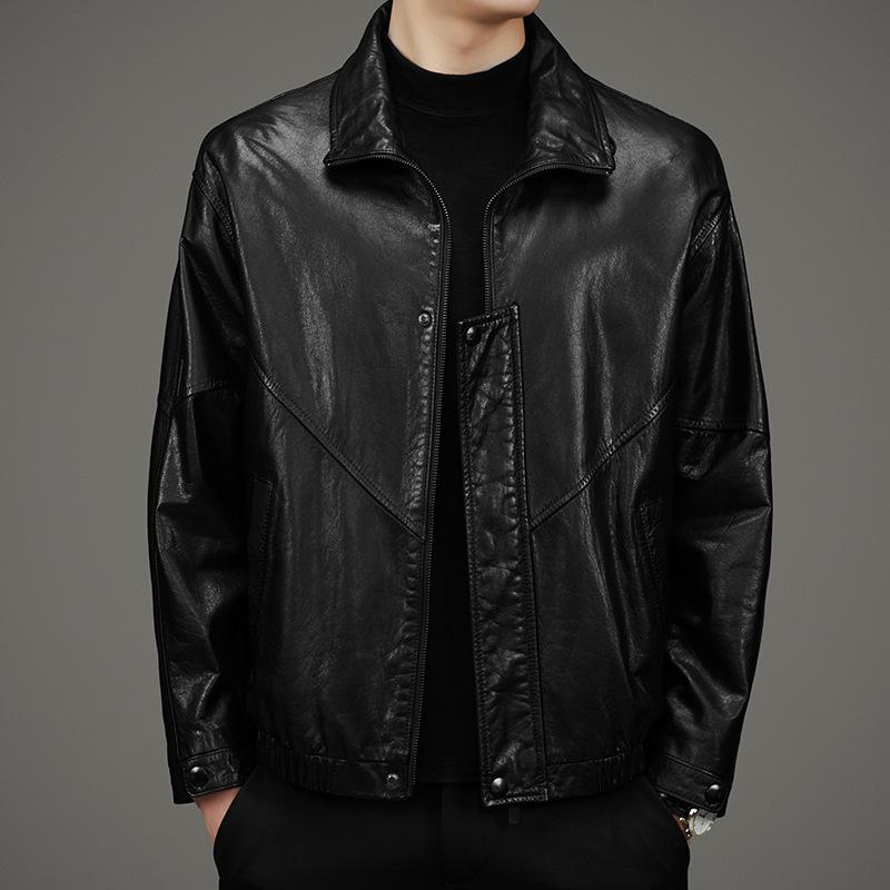

Кожаная кожаная куртка мужская весна и осень новая первый слой козья кожа верх с лацканами кожаная куртка повседневное пальто тренд 165 чёрный