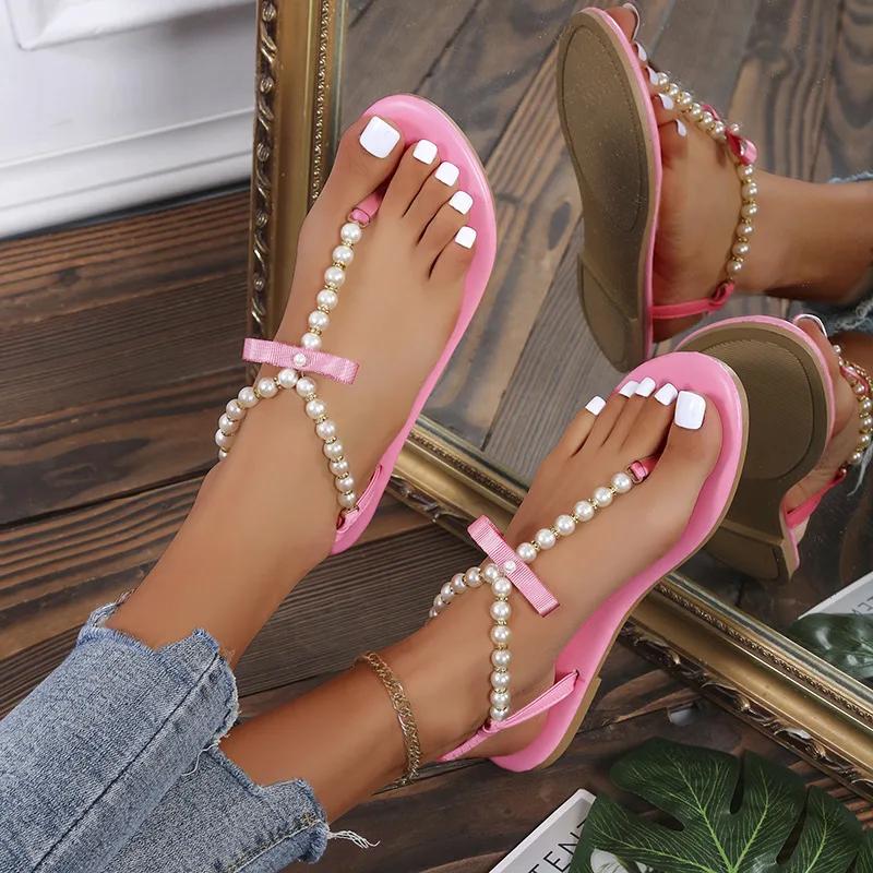 fashion Summer Women's Flip Flops Sandals 2024 New Fashion Outdoor Flat Beach Sandals Sexy Pearl Bow-knot Shoes Female Clip Toe Sandales