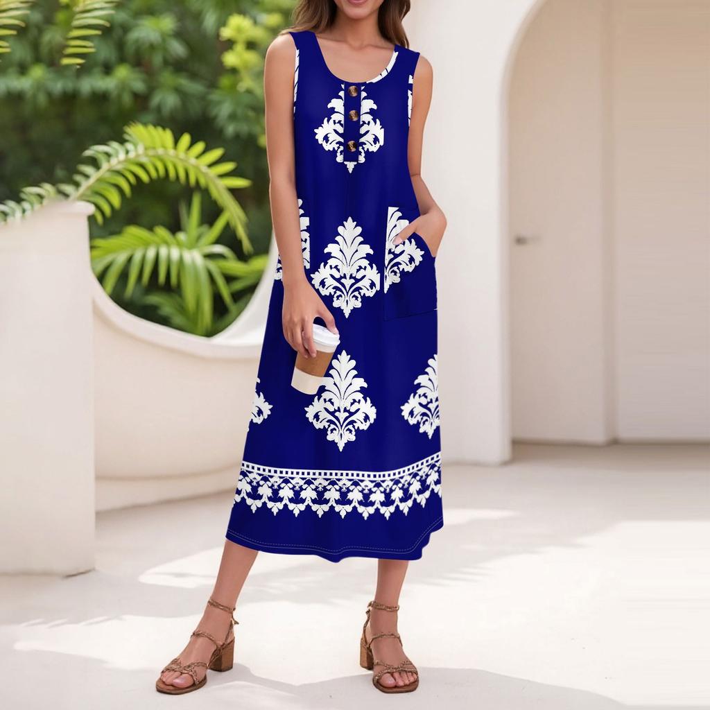 Women's Summer Casual Fashion Retro Printed Sleeveless Button Casual Long Dress