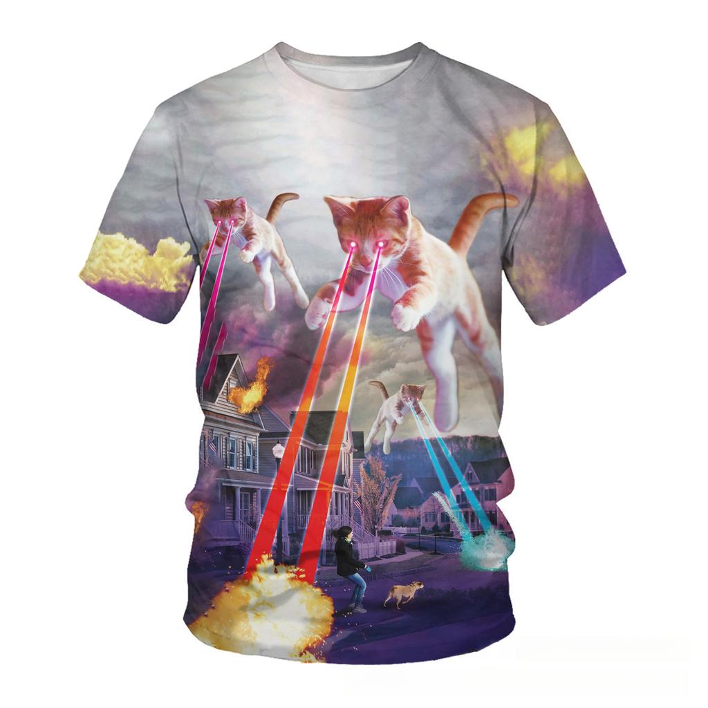 Summer Round Neck 3D Cute Cat Print Top Fashionable Casual Short Sleeved Men's T-shirts