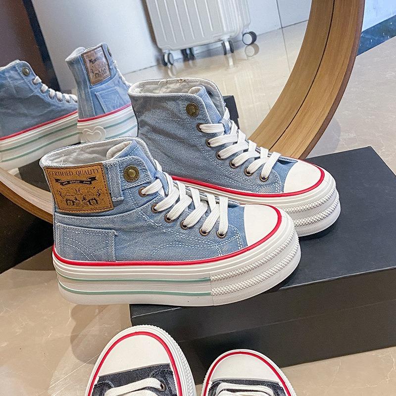 2025 Autumn Women's High-top Thick-soled denim Canvas Shoes Breathable Platform sneakers Student All-match Chunky Casual Shoes