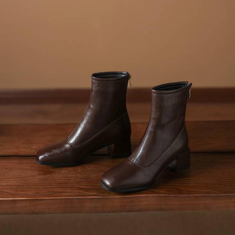 New Medium Heel Women's Medium Boots Solid Color Square Head Fashion Boots Women's Rear Zipper Large Size Women's Boots Korean Version Comf