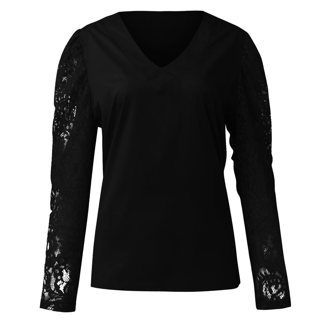 Kvinner Mote Ensfarger Blonder Langermet T-skjorte V-hals Bluse Casual Dame Topper