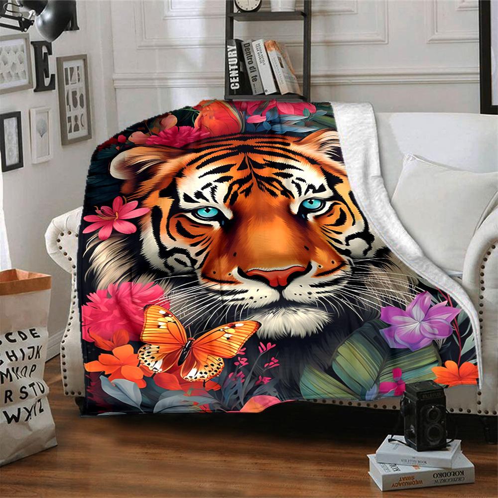 1PC Tiger Floral Print Blanket, Throw For Sofa, Bed, Travel, Camping, Livingroom, And Bed, Printing Blanket With Soft And Warm Fabric Yy250918136