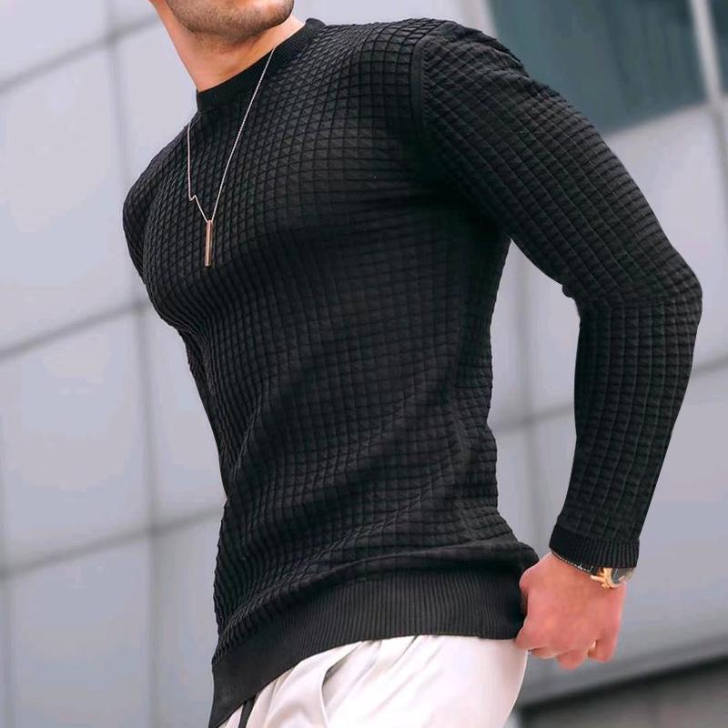 Men's Autumn Waffle Knit Loose Round Neck Long Sleeve Cotton Pullover