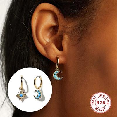 Boucles d'oreilles créoles en pierre turquoise étoile lune pour femmes argent sterling 925 boucles d'oreilles pour femmes bijoux pendientes plata 925 cadeaux