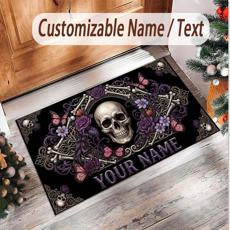 Tappeto Morbido in Velluto di Cristallo Tema Gotico Teschio Stampa Personalizzata Nome e Testo Tappeto Antiscivolo per Camera da Letto Soggiorno