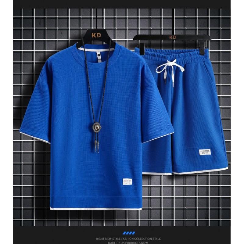 Mens Waffle Knit Casual Sportswear Set Short Sleeve T-Shirt Loose Shorts Athletic Outfit