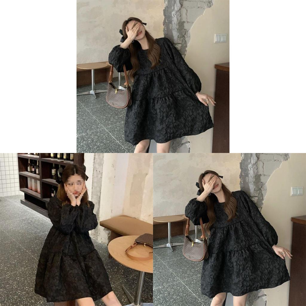 Vintage Spring Knit Dress For Women With Long Bubble Sleeves And Round Neck For Casual Wear
