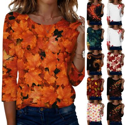 Women's Fashion Casual Three-Quarter Sleeve Round Neck Top with Leaf Print