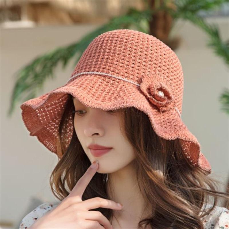 Korean-style Summer Wavy Edge Floral Hollow Breathable Sun-shading Fisherman Hat for Women, Suitable for Spring and Autumn, Foldable Beach Sun Hat