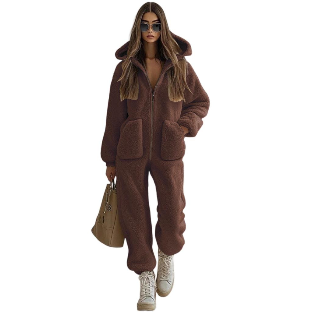 Salopetă de pluș pentru femei cu glugă și buzunar, largă, cu picior drept