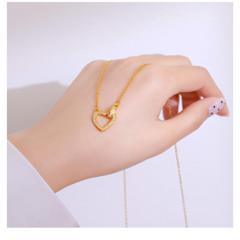 Korean Japanese Style Rhinestone Heart Double Ring Titanium Steel Clavicle Necklace For Women