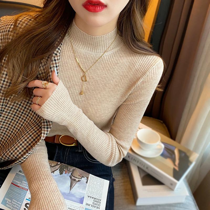 Fashion Solid Half High Neck Knitted Sweater Women Slim Fit Casual Elegant Pullover Sweaters Autumn and Winter Long Sleeve Knitwear Sweater Tops 24841