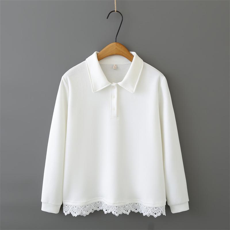 

Plus Size Women s Lace Hem Sweatshirt Long Sleeve Spring Cotton T-shirt Versatile Lapel Top XL білий