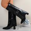 Fashion Sexy Pointed Toe High Heels Knee High Boots Women Punk Style Buckle Wide Leg Boots for Woman Pu Leather Gothic Long Botas Mujer