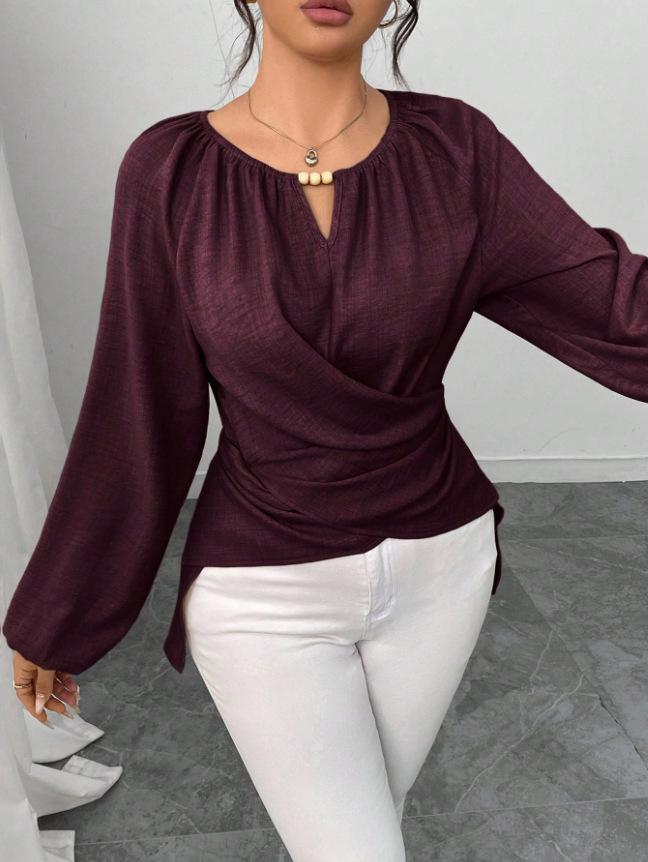 Autumn Ladies Strap-on Woven Irregular Hem Long-sleeved T-shirt