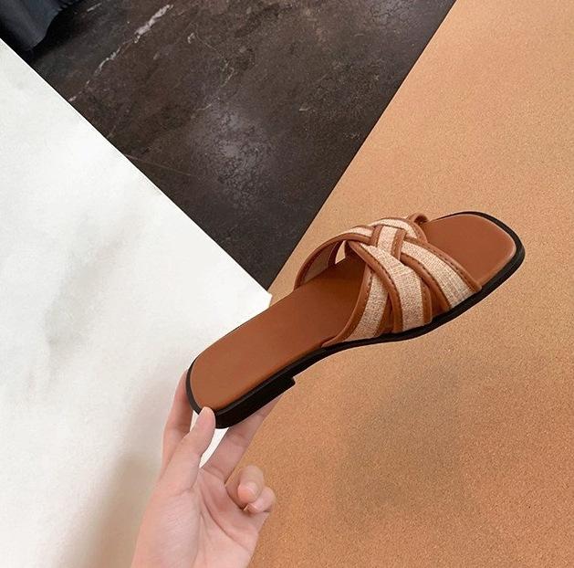 

Sheepskin version~ square-headed straw-woven cross-toed slippers women s Korea 2025 summer irregular casual cool slippers 40