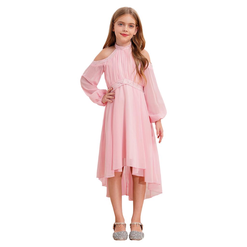 Children‘s High Waist Ruffled Dress Halter Off Shoulder Long Sleeve Irregular Hem Fake Diamond Embellished for Prom Wedding Party